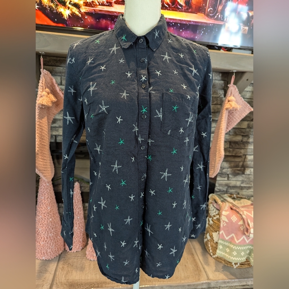 Banana Republic Long Sleeve Button Down Navy Blue Starfish Size M Linen Blend